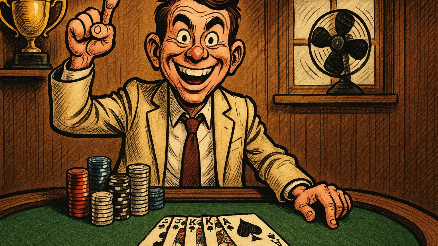 Cartoon of a confident host standing at a green felt poker table declaring the tournament is on