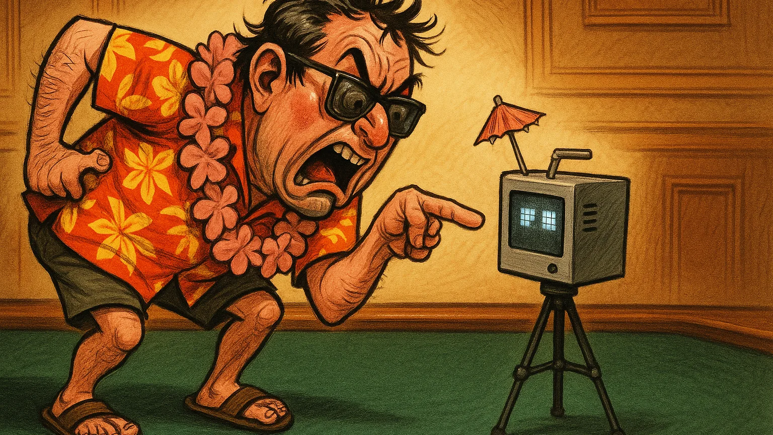 Cartoon of a man in a tropical shirt and lei arguing with a small air-quality monitor while holding a coconut cup