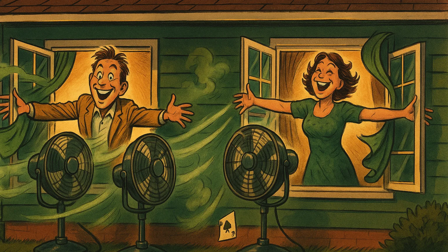 Cartoon of a man and woman throwing open house windows while giant industrial fans blast air out