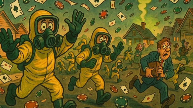 Cartoon of hazmat crews evacuating a suburban street as poker chips blow through the air