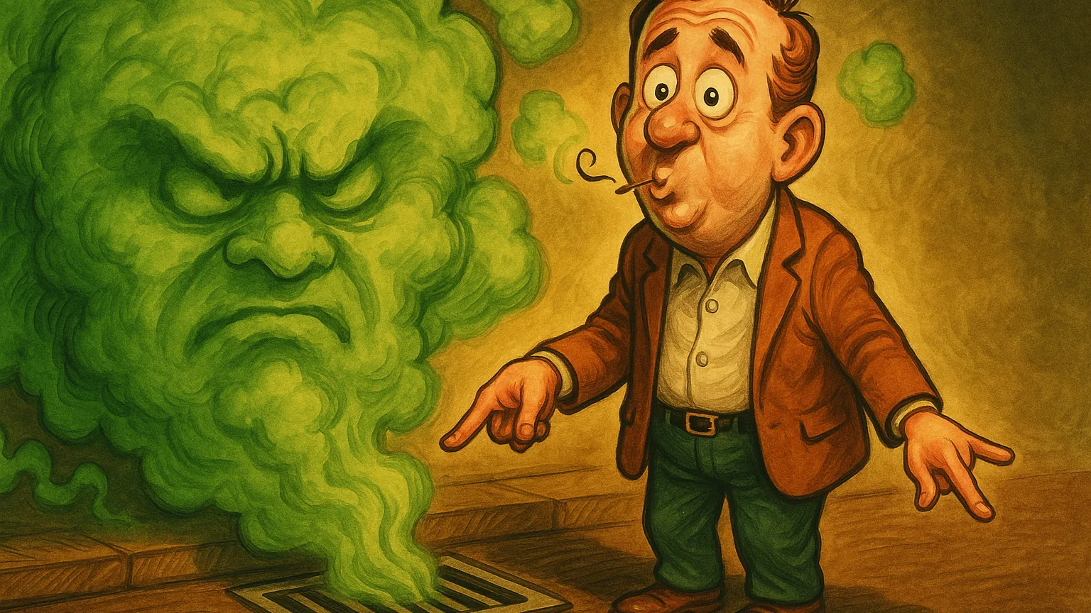 Cartoon of a man standing innocently beside a giant green cloud, pointing at a sewer grate