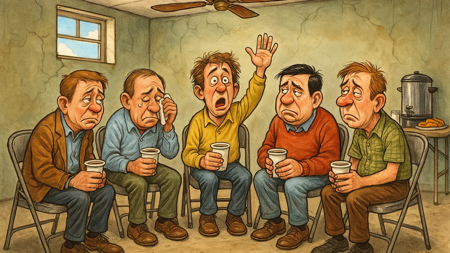 Cartoon of a sheepish men-only support-group circle of folding chairs in a community hall