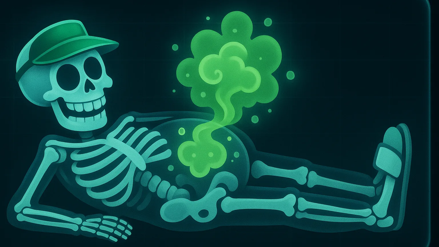 Humorous mock medical X-ray showing glowing green pockets of trapped gas in the lower abdomen