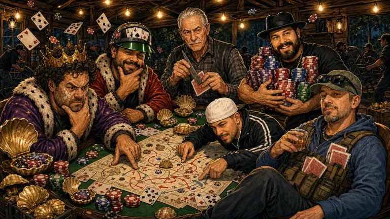 The PokerintheWood crew prepares for the Q Single tournament around a ridiculous woodland poker command table.