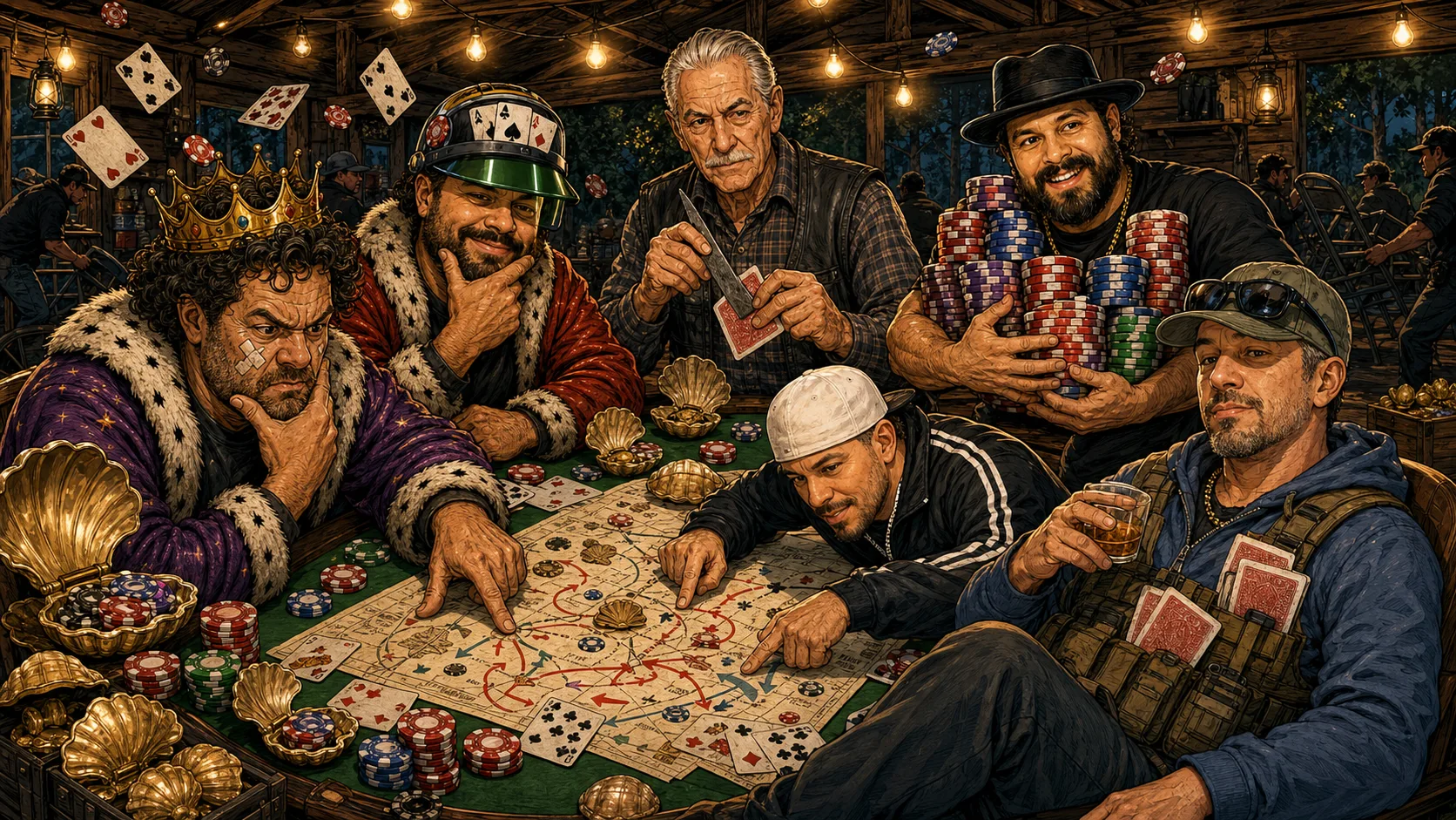 The PokerintheWood crew prepares for the Q Single tournament around a ridiculous woodland poker command table.