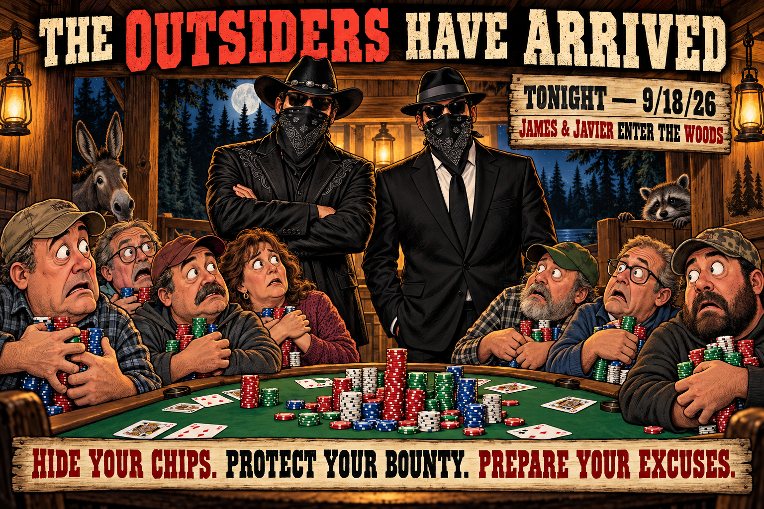 James and Javier arrive masked at the September 18 Poker In The Wood tournament while regular players protect their chips.