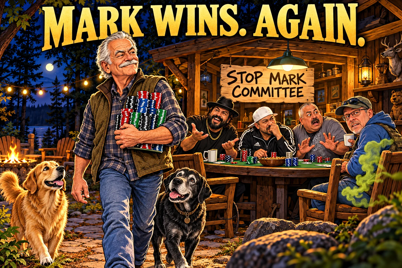 Mark carries his poker chips past a golden dog and elderly black Labrador while Bish, Billy, Jose and Marland meet behind him; cartoon green Nut Gas drifts from Marland.