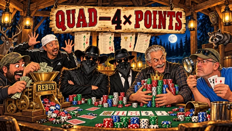 Woodland poker cartoon: two calm masked visitors sit beside Mark guarding his crown, Bish reacting, and Marland investigating with seven-two beneath a Quad 4× Points sign; a regular feeds a rebuy machine.