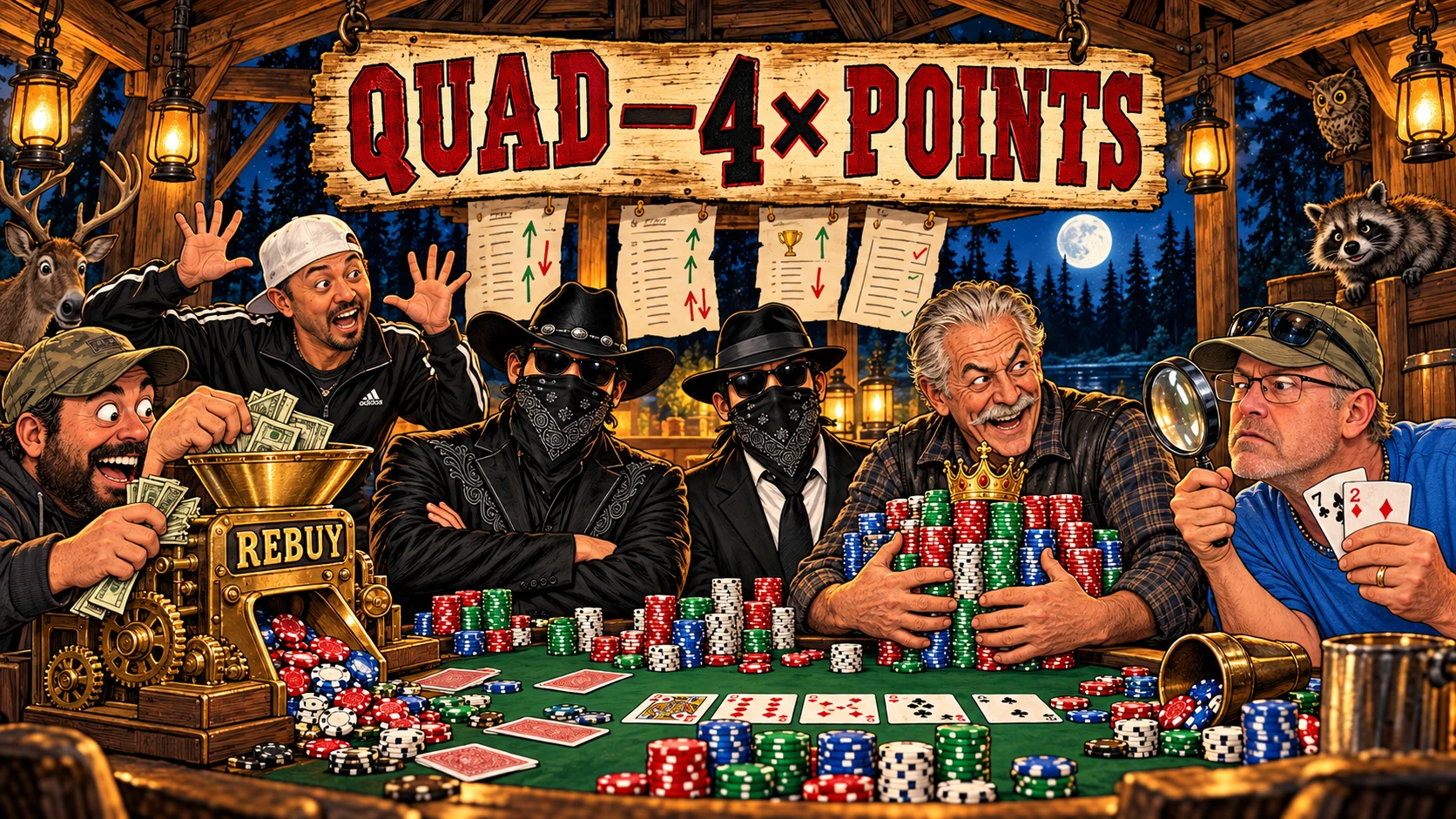 Woodland poker cartoon: two calm masked visitors sit beside Mark guarding his crown, Bish reacting, and Marland investigating with seven-two beneath a Quad 4× Points sign; a regular feeds a rebuy machine.